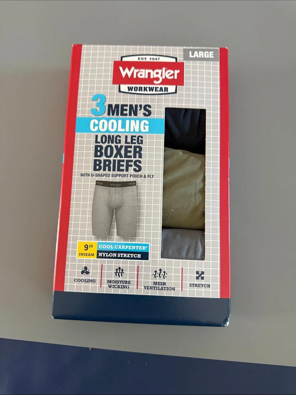 Wrangler Men's Long Leg Boxer Briefs - Black, Olive, Gray (3-Pack)